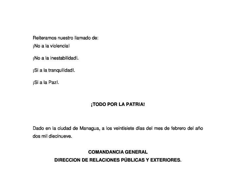 nota de prensa del ejército de nicaragua